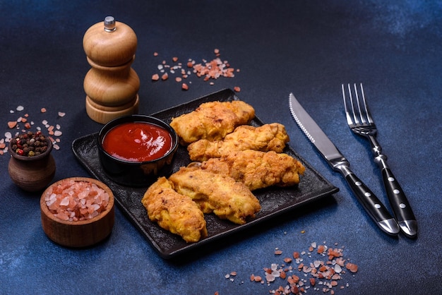 Nuggets de frango crocante frito com ketchup na chapa preta em um fundo escuro