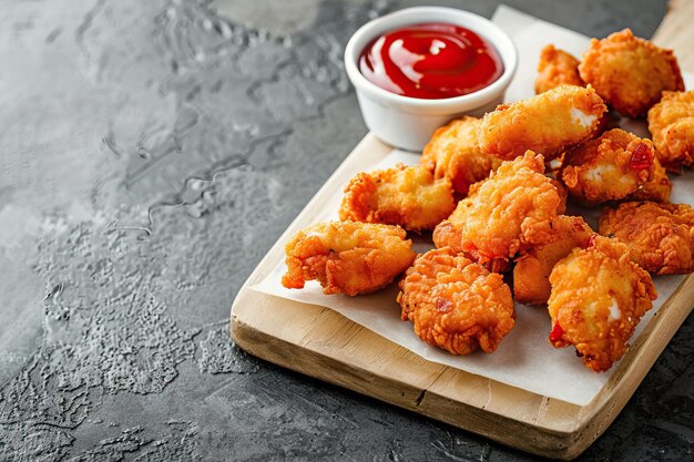 Nuggets de frango crocantes com ketchup em tabuleiro branco