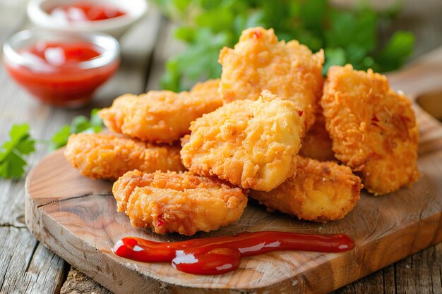 Nuggets de frango crocantes com ketchup em tabuleiro branco