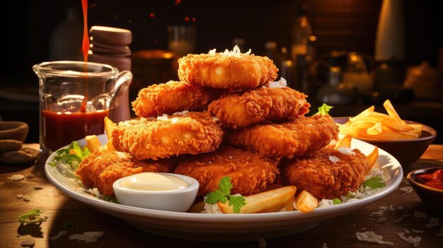 Nuggets de frango crocantes com maionese em um prato com fundo desfocado