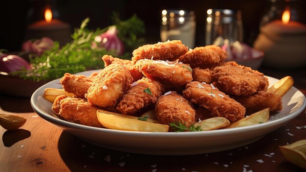 Foto nuggets de frango crocantes com maionese em um prato com fundo desfocado