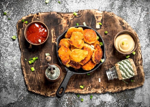 Nuggets de frango em uma panela com molhos diferentes. Sobre um fundo rústico.