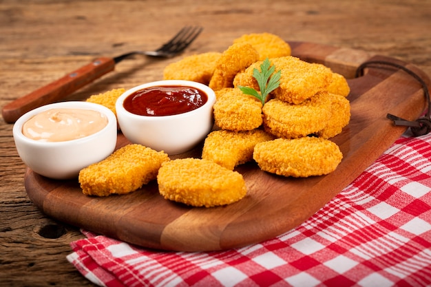 Nuggets de frango frito com ketchp e molho de rosas