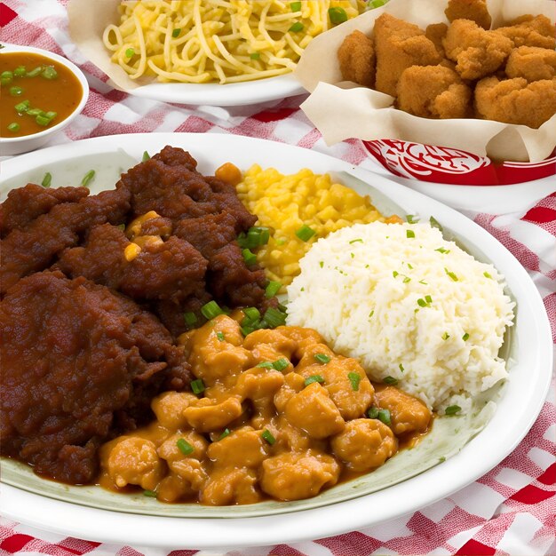 Nuggets de frango fritos e crocantes servidos com arroz e molhos