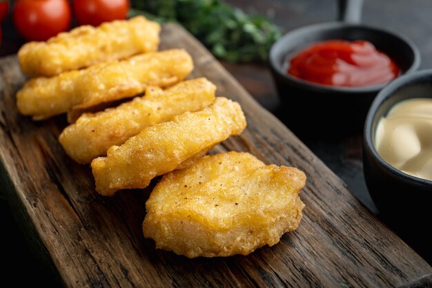 Foto nuggets de peito de frango frito no fundo escuro de madeira.