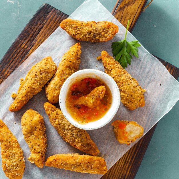 Nuggets de peito de frango, tábua de madeira, molho agridoce, vista superior