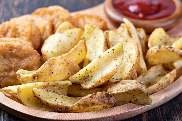 Nuggets fritos sabrosos y patatas