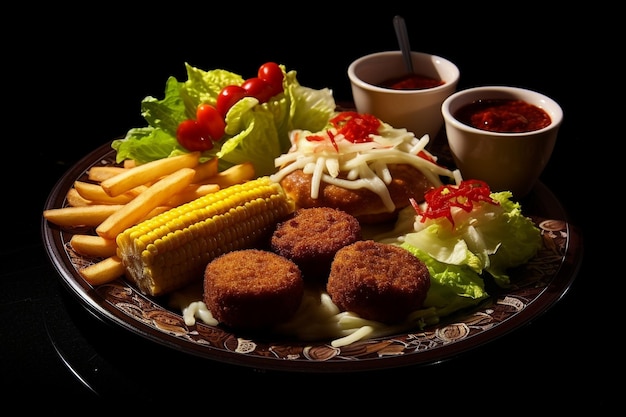 Nuggets patatas fritas y maíz en la mazorca en hojas de lechuga en un plato de nuggets en un tenedor picado