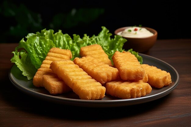 Nuggets patatas fritas y maíz en la mazorca en hojas de lechuga en un plato de nuggets en un tenedor picado