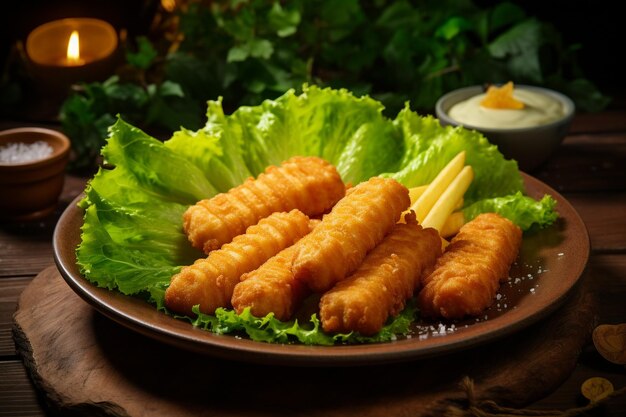 Foto nuggets patatas fritas y maíz en la mazorca en hojas de lechuga en un plato de nuggets en un tenedor picado
