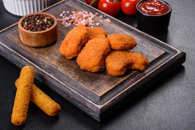 Nuggets de pechuga de pollo con dos salsa popular sobre fondo de madera