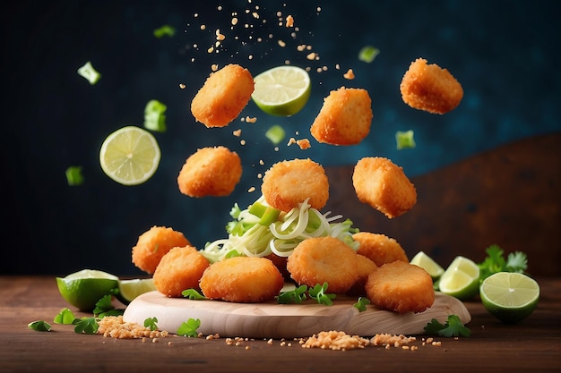 Nuggets de pollo en el aire con lima y verduras comida mexicana