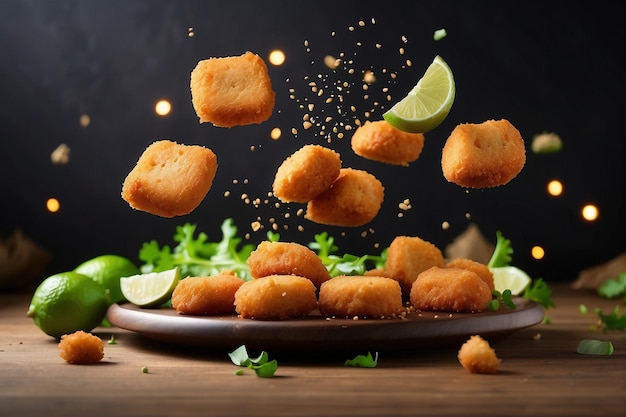 Nuggets de pollo en el aire con lima y verduras comida mexicana