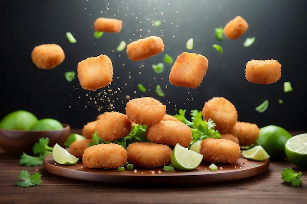 Nuggets de pollo en el aire con lima y verduras comida mexicana