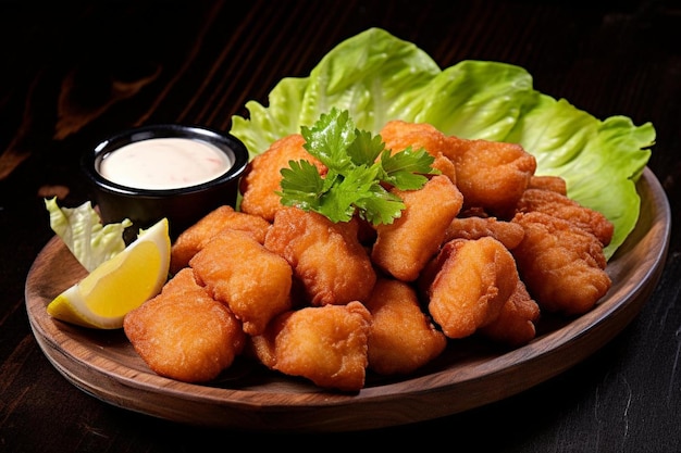 Nuggets de pollo arreglados en una cama de lechuga crujiente