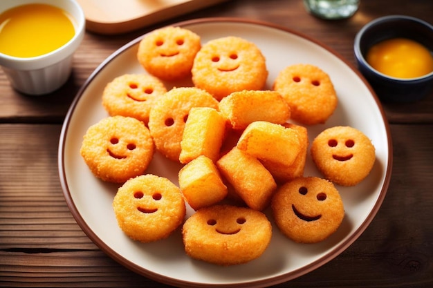 Nuggets de pollo arreglados en una cara sonriente en un bloque de 375 jpg