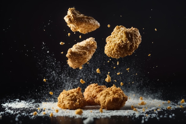 Nuggets de pollo arrojados al aire sobre fondo negro IA generativa