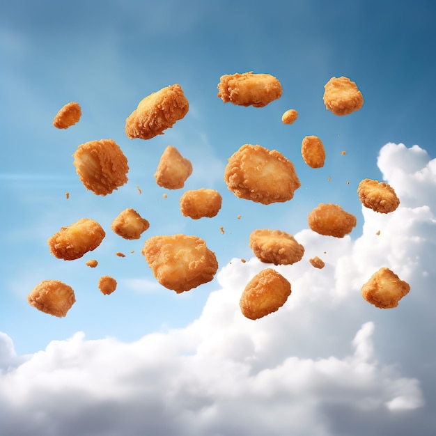 Foto nuggets de pollo cayendo del cielo y en medio de las nubes nuggets de pollo cayendo del cielo