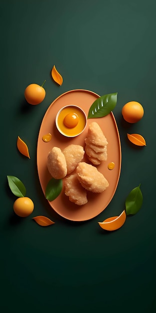 Nuggets de pollo con criaturas y hojas en un plato con fondo naranja