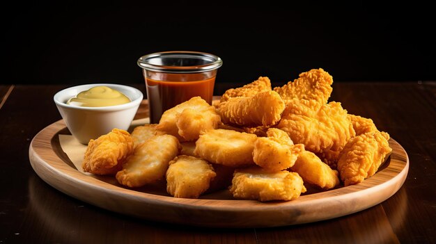 Nuggets de pollo crujientes fritos con salsa de tomate sobre tabla de madera