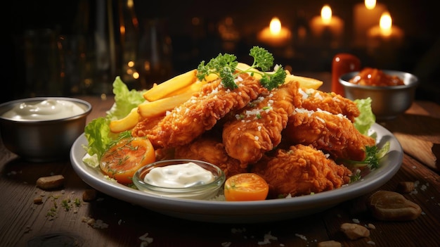 Nuggets de pollo crujientes con mayonesa en un plato con un fondo borroso