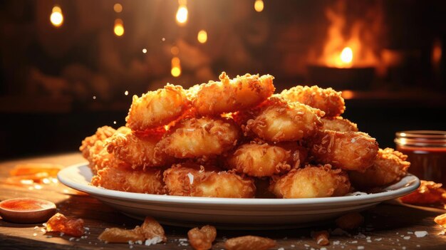 Nuggets de pollo crujientes con mayonesa en un plato con un fondo borroso