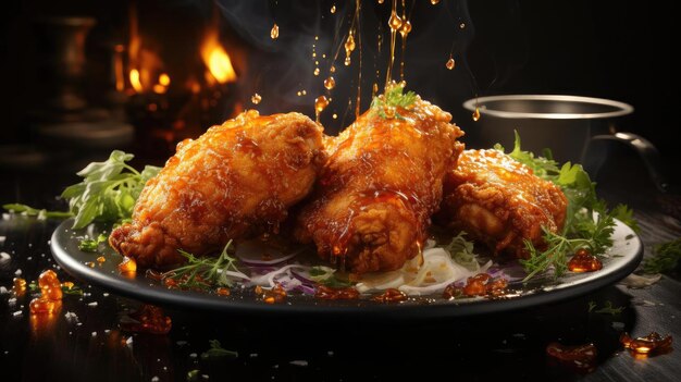 Nuggets de pollo crujientes con mayonesa en un plato con un fondo borroso