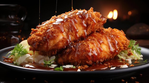 Nuggets de pollo crujientes con mayonesa en un plato con un fondo borroso