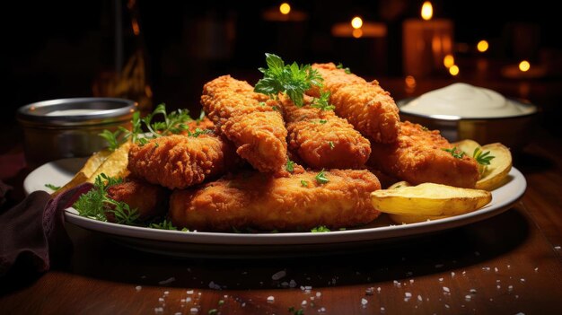 Foto nuggets de pollo crujientes con mayonesa en un plato con un fondo borroso