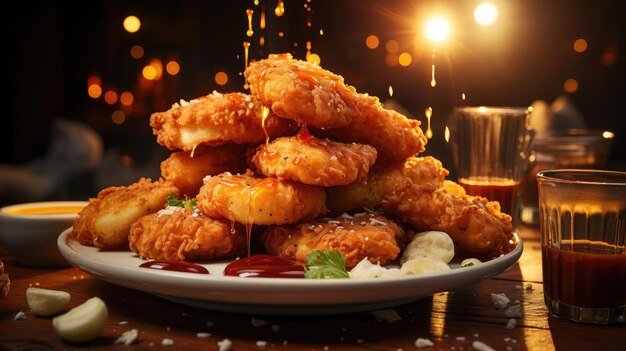 Nuggets de pollo crujientes con mayonesa en un plato con un fondo borroso