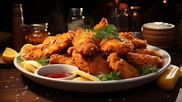 Nuggets de pollo crujientes con mayonesa en un plato con un fondo borroso