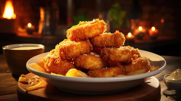 Nuggets de pollo crujientes con mayonesa en un plato con un fondo borroso