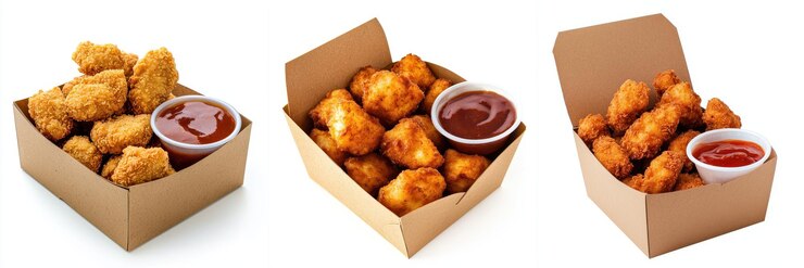 Nuggets de pollo crujientes servidos en cajas con salsa picante perfecta para comer o compartir Disfruta del delicioso crujiente y sabor