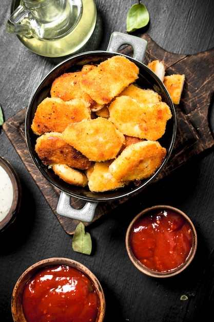 Nuggets de pollo con diferentes salsas.