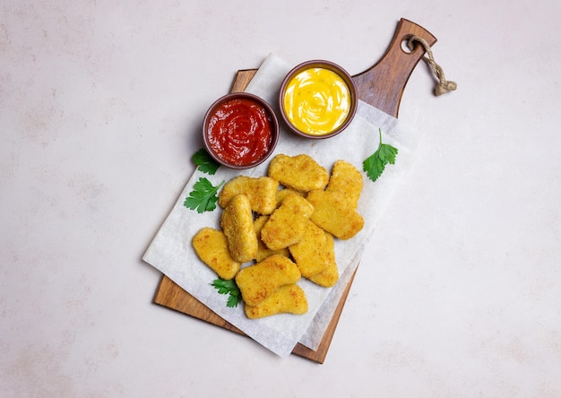 Nuggets de pollo con dos salsas. Comida rápida. Comida americana.