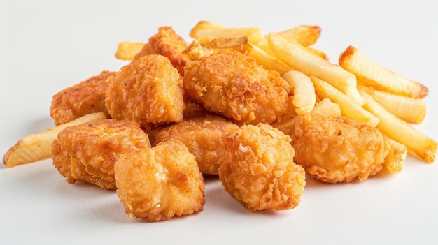 nuggets de pollo emparejados con patatas fritas contra un fondo blanco suave que ofrece un amplio espacio de copia para materiales promocionales o anuncios de alimentos