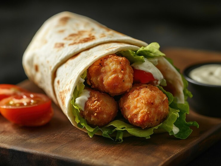 Nuggets de pollo envueltos con lechuga y salsa