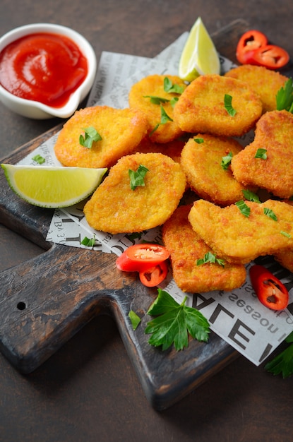 Nuggets de pollo frito crujiente con salsa de tomate