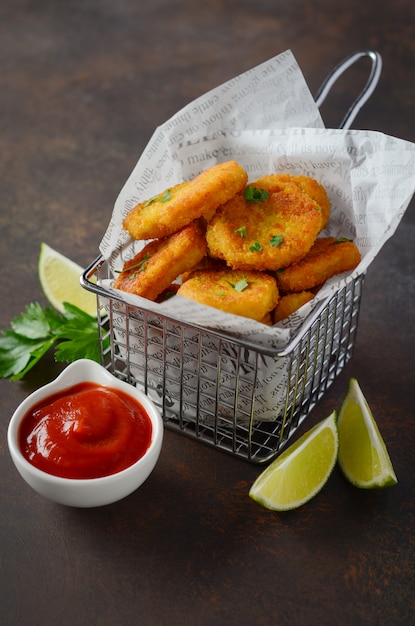 Nuggets de pollo frito crujiente con salsa de tomate