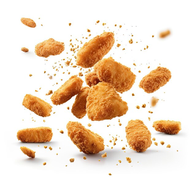 Nuggets de pollo frito con migas cayendo aislados sobre un fondo blanco