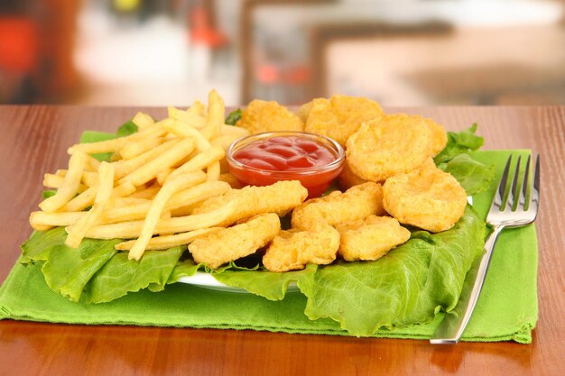 Nuggets de pollo frito con papas fritas y salsa en la mesa del café