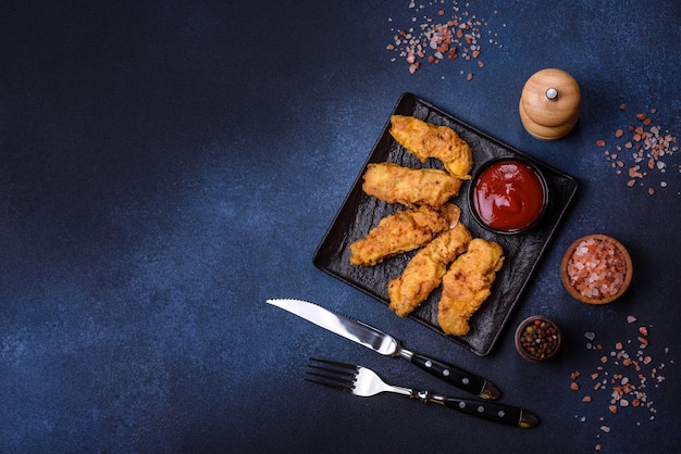 Nuggets de pollo fritos y crujientes con ketchup en un plato negro sobre un fondo oscuro