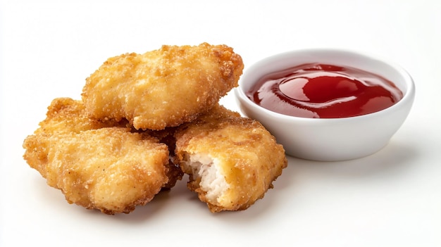 Nuggets de pollo con ketchup aislados sobre un fondo blanco