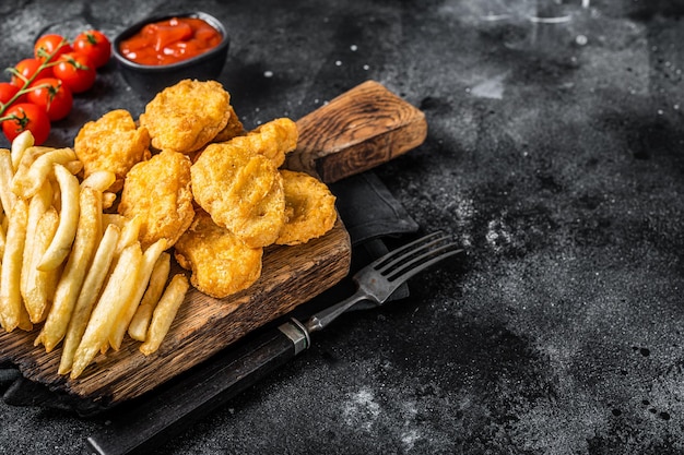 Nuggets de pollo con ketchup y patatas fritas sobre tabla de madera. Fondo negro. Vista superior. Copie el espacio.