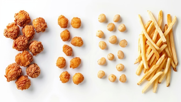 Nuggets de pollo de palomitas de maíz y papas fritas aisladas sobre un fondo blanco Vista superior