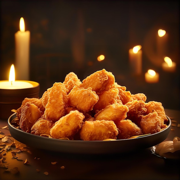 nuggets de pollo en un plato rústico de madera generado por IA