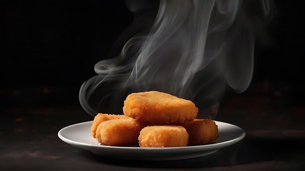 Nuggets de pollo en un plato sobre un fondo negro junto al humo