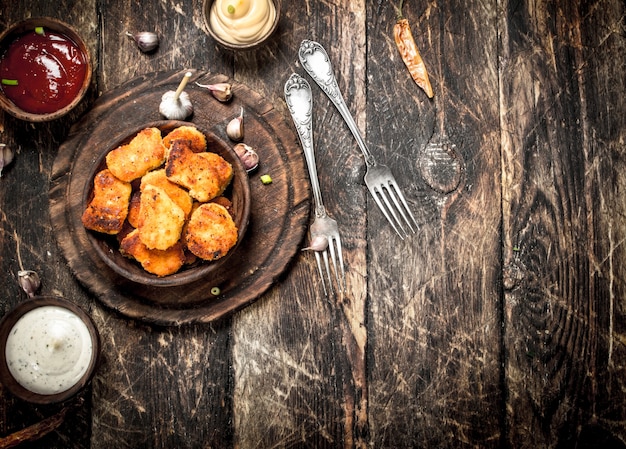 Nuggets de pollo con salsas variadas. Sobre un fondo de madera.