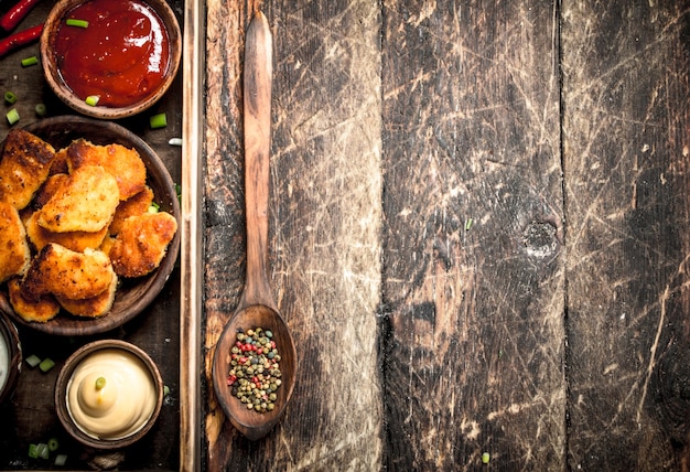 Nuggets de pollo con salsas variadas.