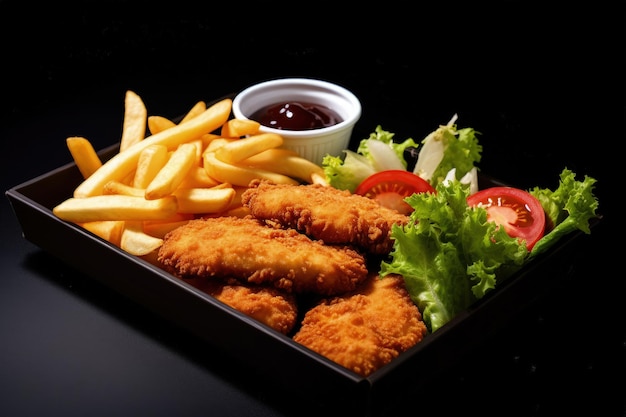 Nuggets de pollo sobre una hoja de ensalada con papas fritas y servidos en una caja de comida rápida sobre un fondo negro